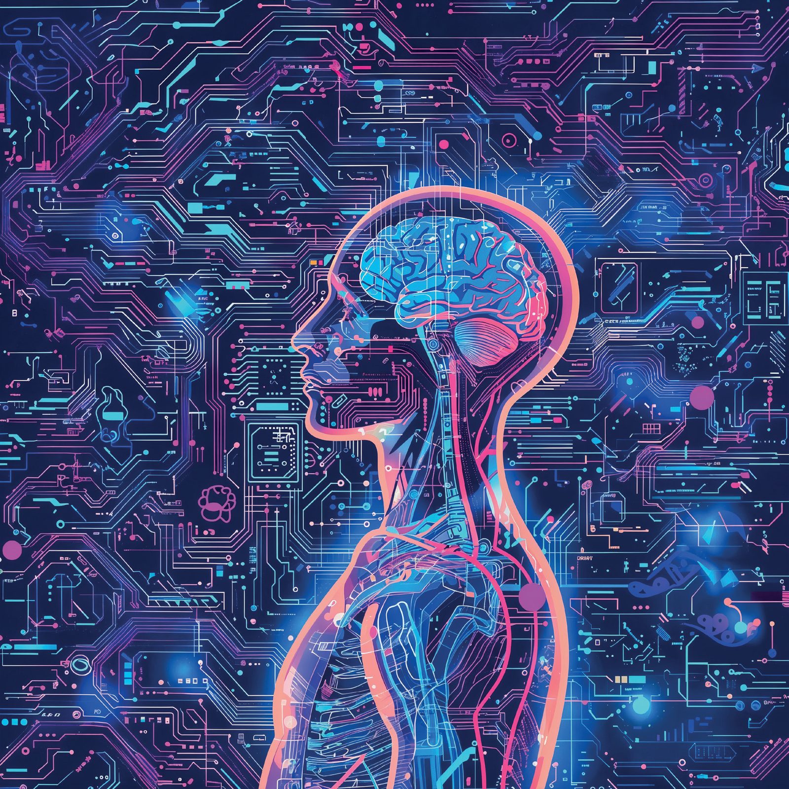 Ilustração de perfil humano com o cérebro iluminado sobre um fundo de circuitos eletrônicos