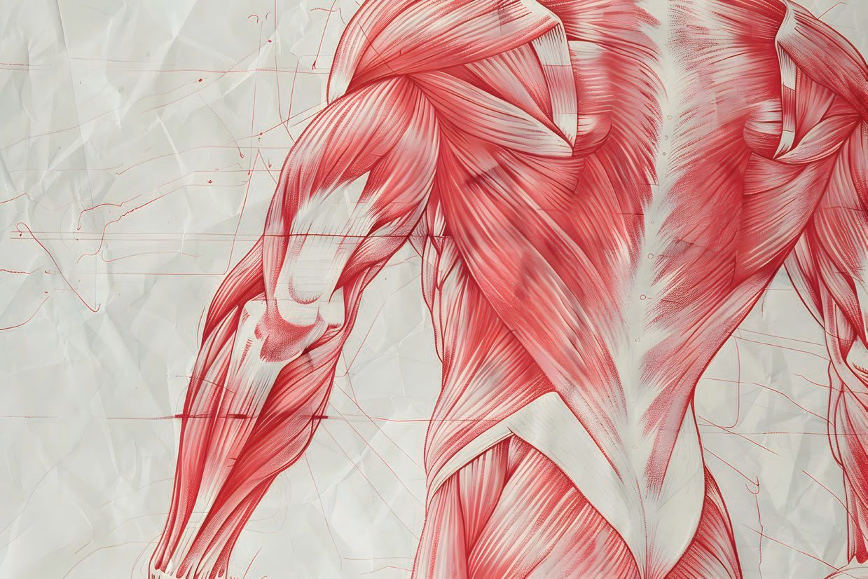 Ilustração anatômica dos músculos do ombro e do braço em vermelho