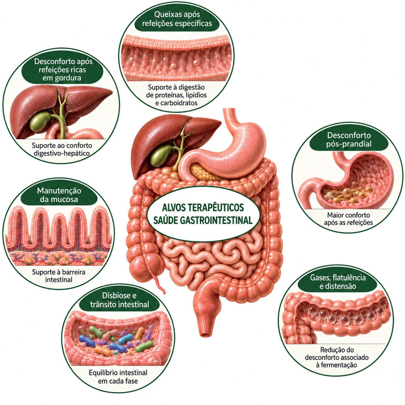 Figura 1: ilustração do trato gastrointestinal com os alvos terapêuticos: queixas após refeições específicas (suporte à digestão de proteínas, lipídios e carboidratos), desconforto após refeições ricas em gordura (conforto digestivo-hepático), desconforto pós-prandial, manutenção da mucosa (barreira intestinal), disbiose e trânsito intestinal (equilíbrio intestinal) e gases, flatulência e distensão (redução do desconforto da fermentação)