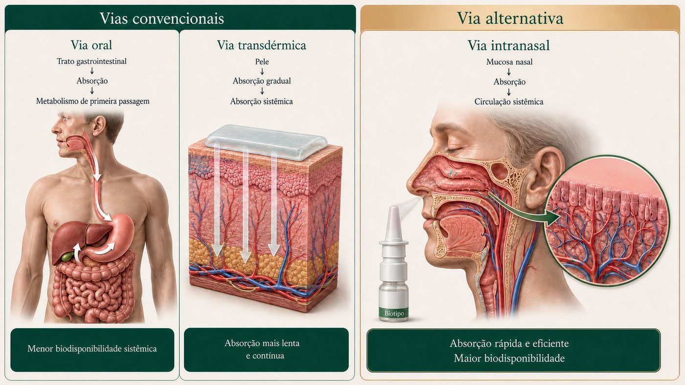 Figura 1: vias convencionais e alternativa. Via oral: trato gastrointestinal, absorção e metabolismo de primeira passagem, com menor biodisponibilidade sistêmica. Via transdérmica: pele, absorção gradual e circulação sistêmica, com absorção mais lenta e contínua. Via intranasal: mucosa nasal, absorção e circulação sistêmica, com absorção rápida e eficiente e maior biodisponibilidade