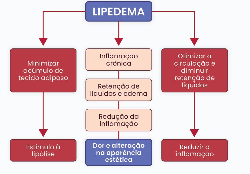 Figura 1: no lipedema, minimizar o acúmulo de tecido adiposo (estímulo à lipólise), tratar inflamação crônica e retenção de líquidos e edema (redução da inflamação, dor e alteração na aparência estética) e otimizar a circulação e diminuir a retenção de líquidos (reduzir a inflamação)