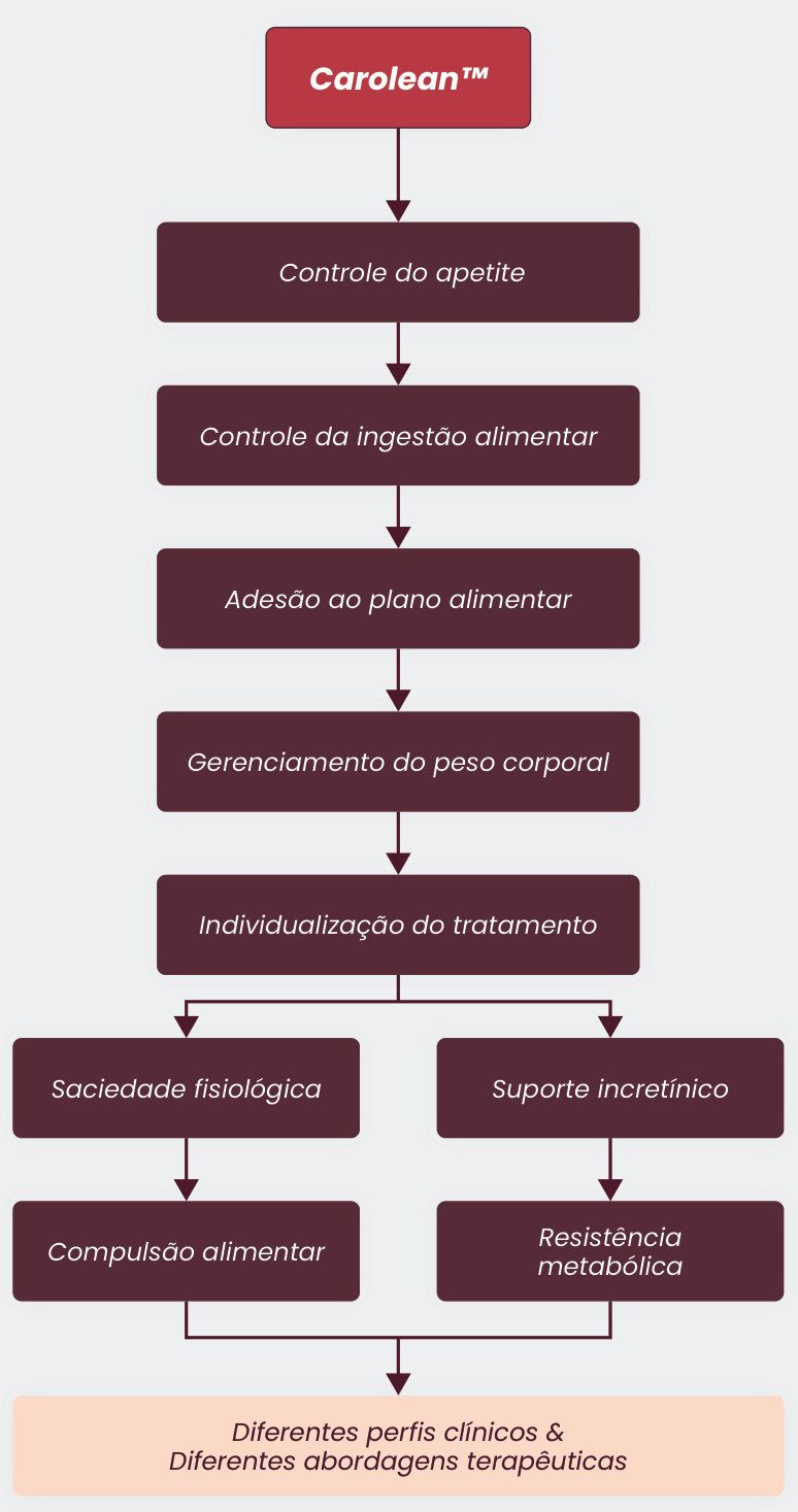 Figura 3: Carolean™ leva ao controle do apetite, controle da ingestão alimentar, adesão ao plano alimentar, gerenciamento do peso corporal e individualização do tratamento, que se desdobra em saciedade fisiológica e compulsão alimentar, ou suporte incretínico e resistência metabólica: diferentes perfis clínicos e diferentes abordagens terapêuticas