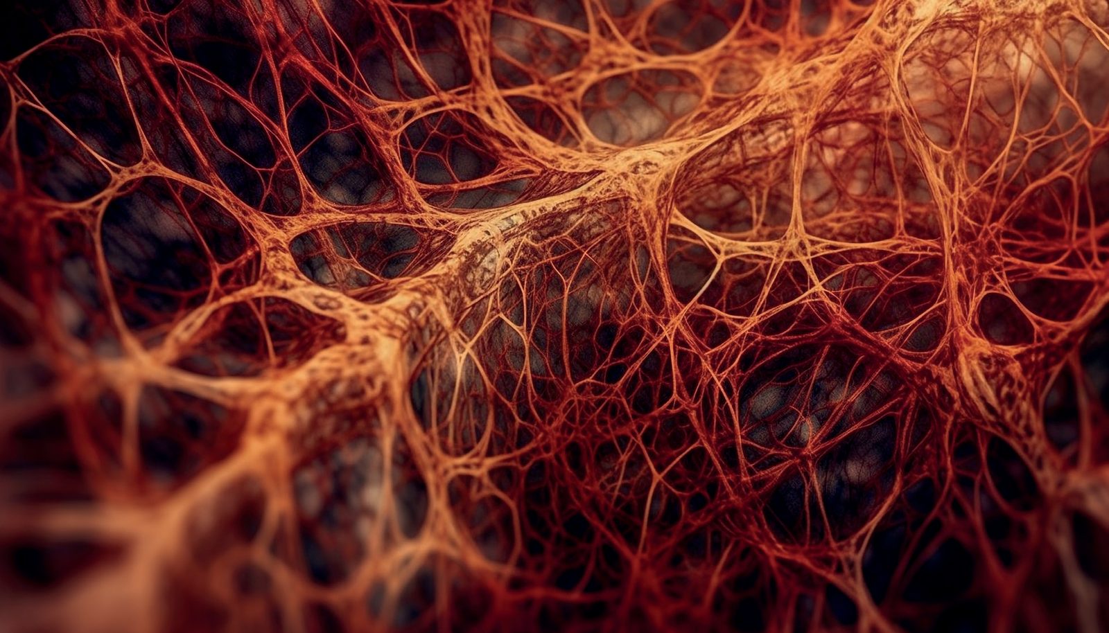 Rede de neurônios em tons de vermelho e laranja