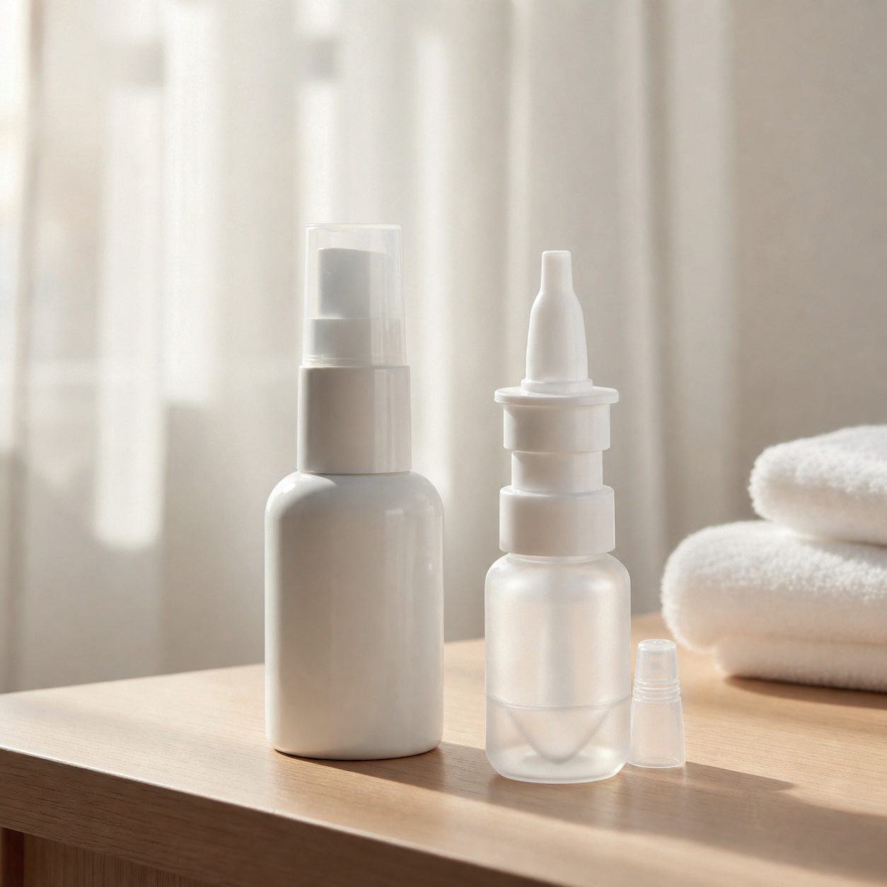 Frascos de spray nasal sobre uma mesa clara