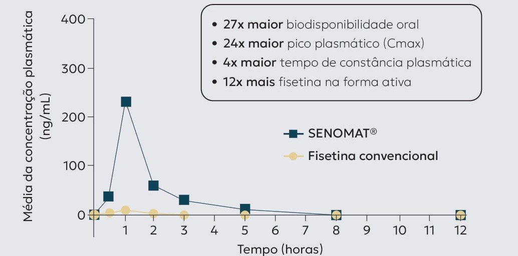 Gráfico 1: concentração plasmática média de fisetina ao longo de 12 horas. Com SENOMAT® o pico chega a cerca de 230 ng/mL em 1 hora, contra menos de 10 ng/mL da fisetina convencional: 27 vezes maior biodisponibilidade oral, 24 vezes maior pico plasmático (Cmax), 4 vezes maior tempo de constância plasmática e 12 vezes mais fisetina na forma ativa
