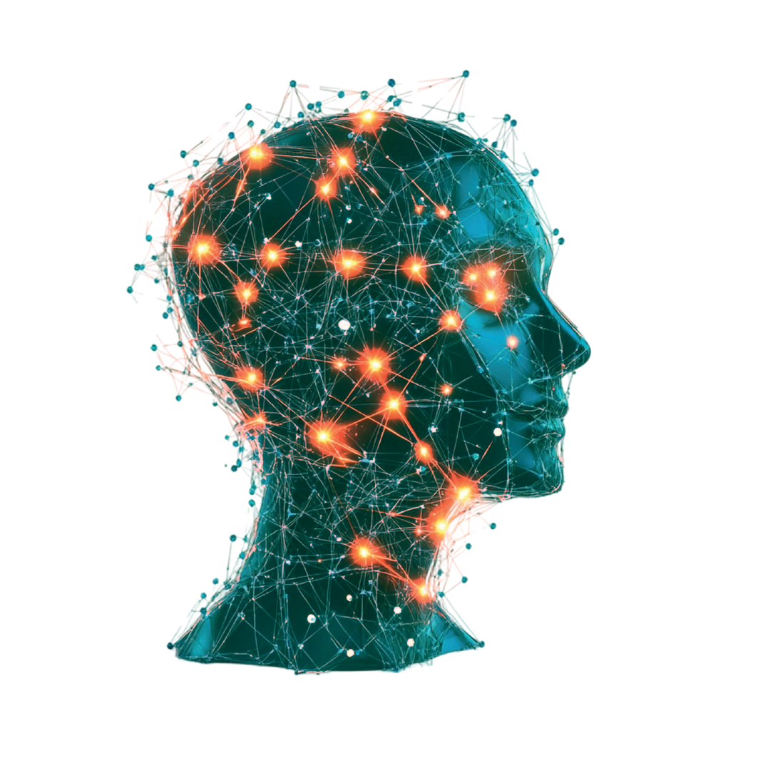 Ilustração de uma cabeça humana com rede de neurônios iluminados