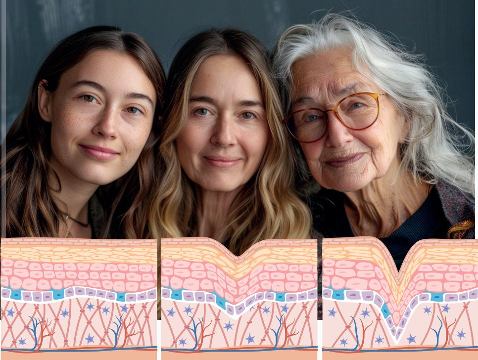 Figura 2: três mulheres de idades diferentes, jovem, adulta e idosa, com ilustrações das camadas da pele mostrando o aprofundamento progressivo das rugas e a desorganização da derme