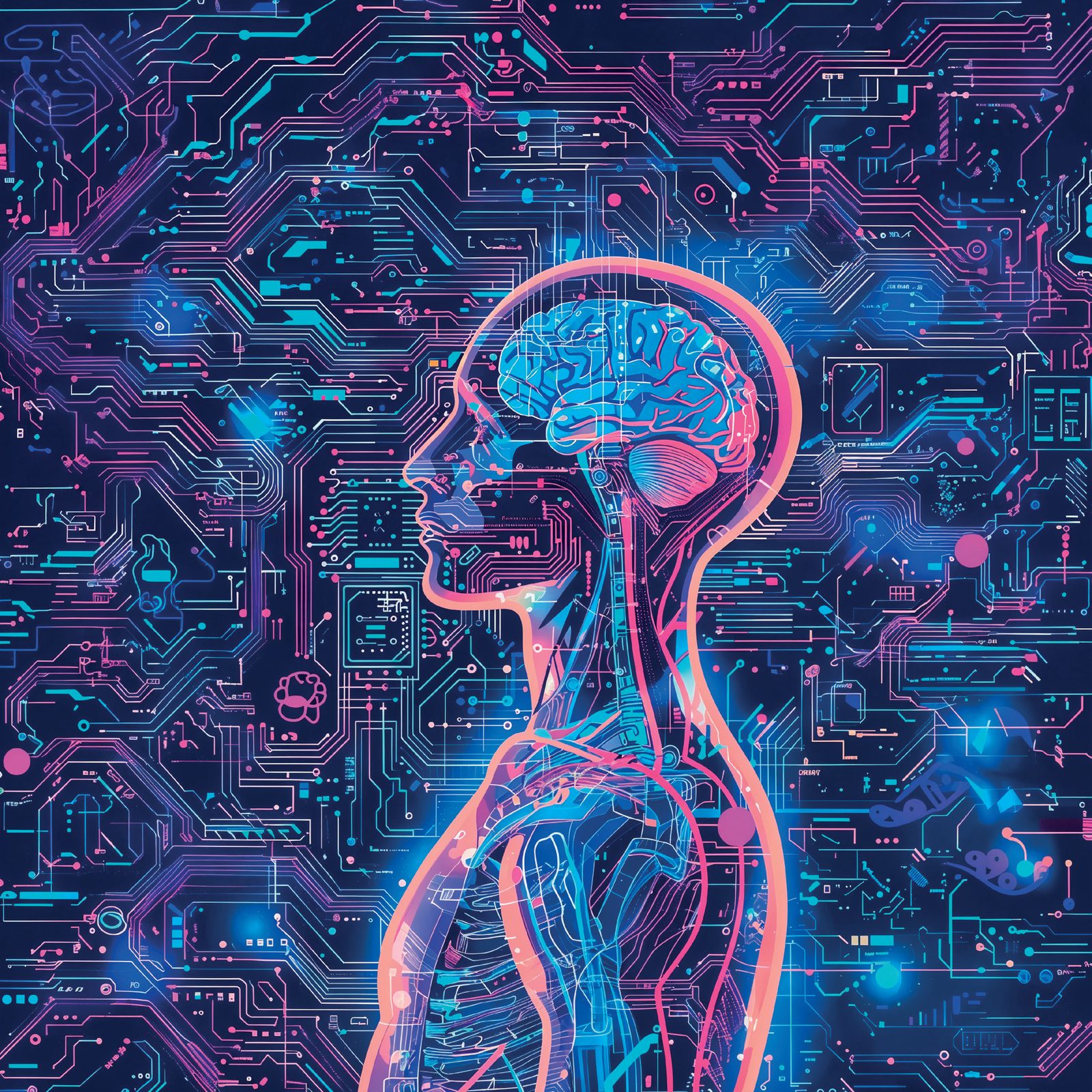 Ilustração de perfil humano com o cérebro iluminado sobre um fundo de circuitos eletrônicos