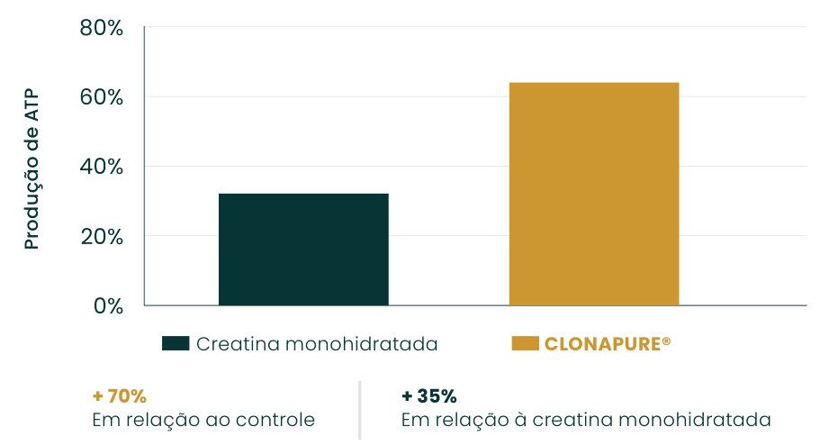 Gráfico 2: produção de ATP com Clonapure® de cerca de 64% contra 32% da creatina monoidratada; aumento de 70% em relação ao controle e de 35% em relação à creatina monoidratada