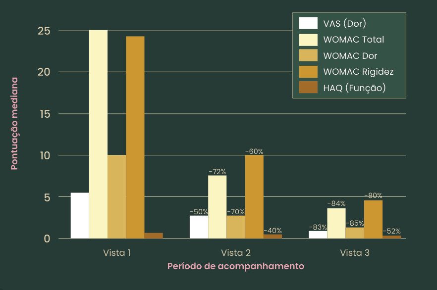 Gráfico 1: pontuação mediana de VAS (dor), WOMAC total, WOMAC dor, WOMAC rigidez e HAQ (função) nas visitas 1, 2 e 3, com reduções progressivas de 40% a 85% ao longo do acompanhamento